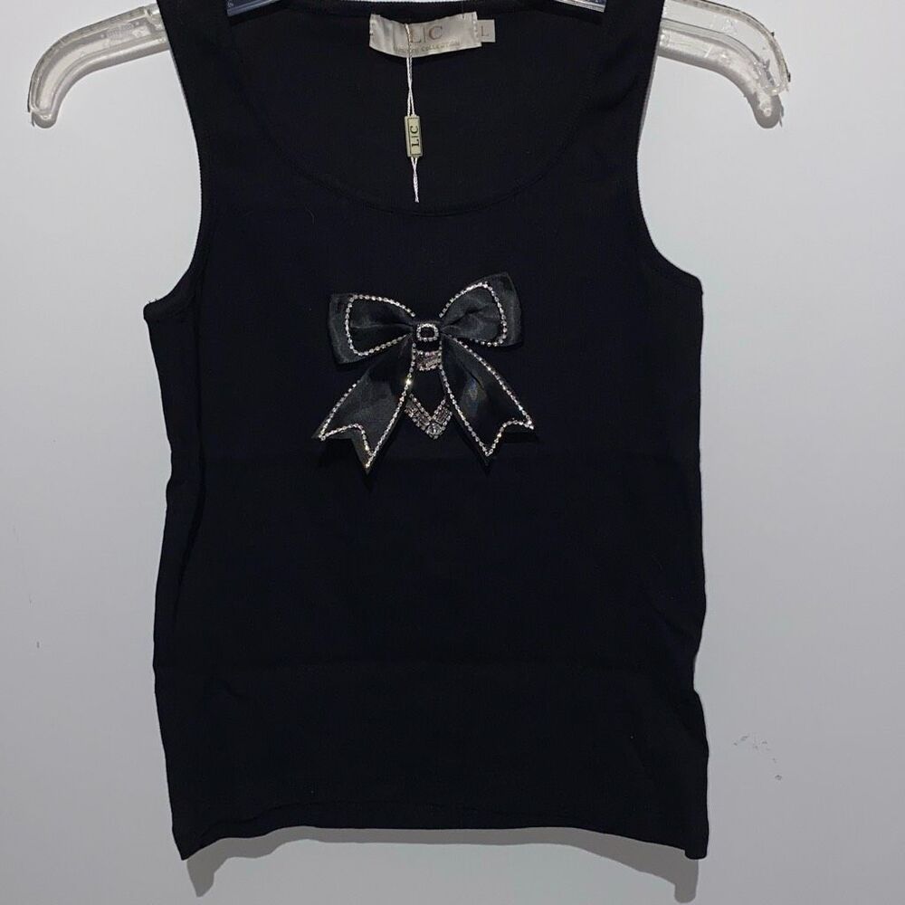 LC‎ Lizette Collection Women's Black Bling Bow Heart Tank Top Large NWT